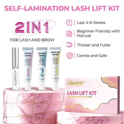LOMANSA 2-in-1 lash lift and brow lamination kit with adhesive and three numbered lotion tubes beside pink packaging.