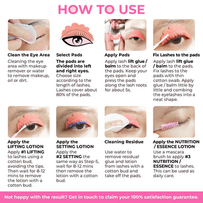 Illustrated LOMANSA lash lift guide showing preparation, shield placement, lifting, setting, cleaning and nutrition lotion application.