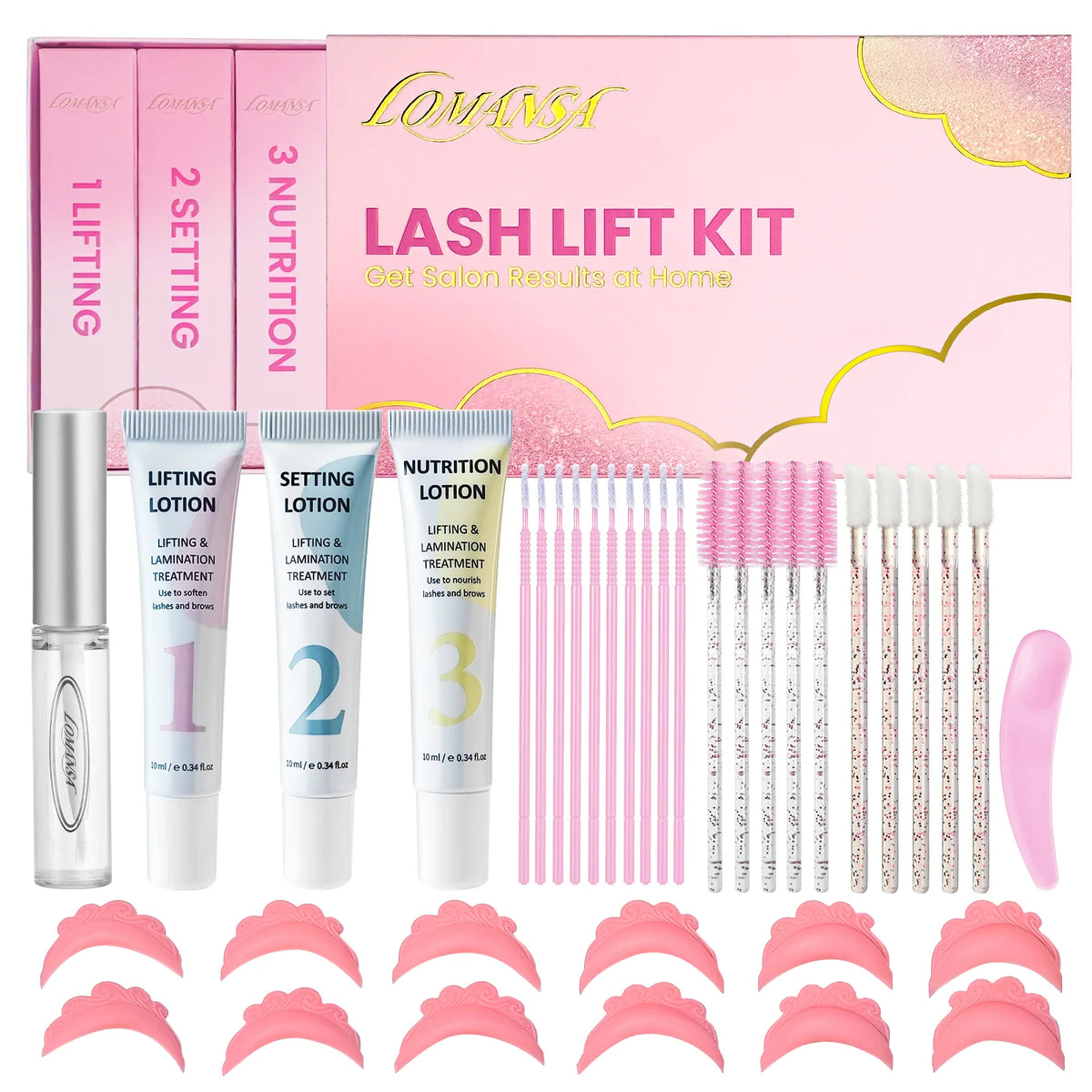 LOMANSA lash lift and brow lamination kit with three lotion tubes, adhesive, pink shields and application tools.