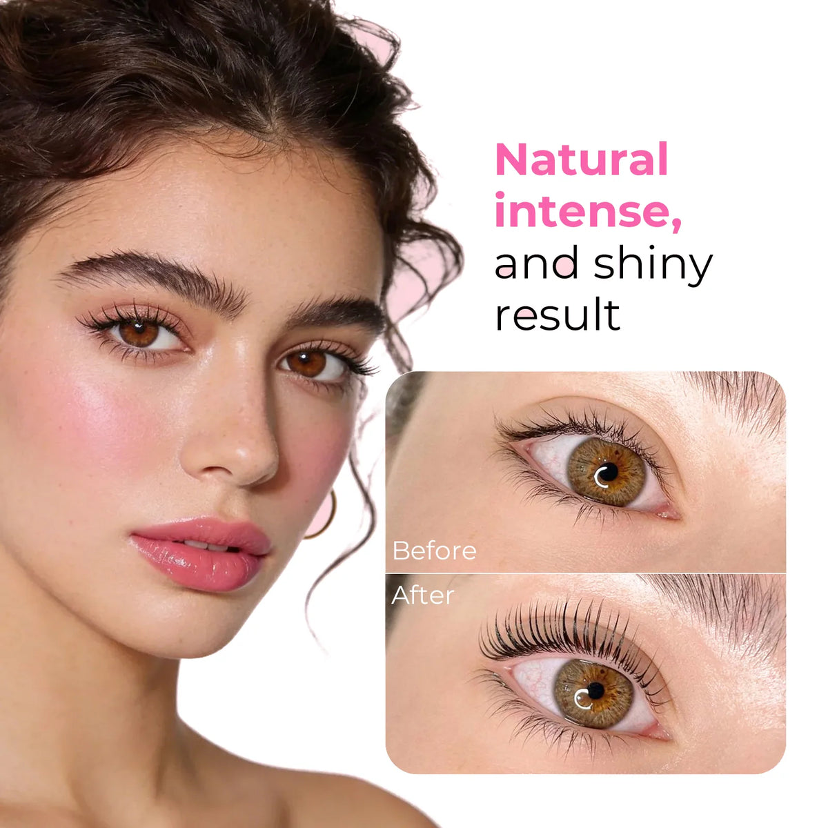 LOMANSA lash lift promotional image with a model and before-and-after close-ups of natural eyelashes.