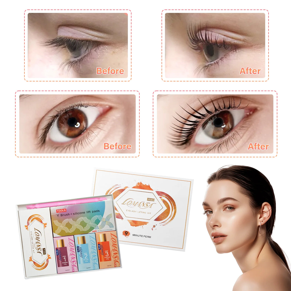 Before-and-after lash lift comparisons shown beside the LOMANSA kit and model.