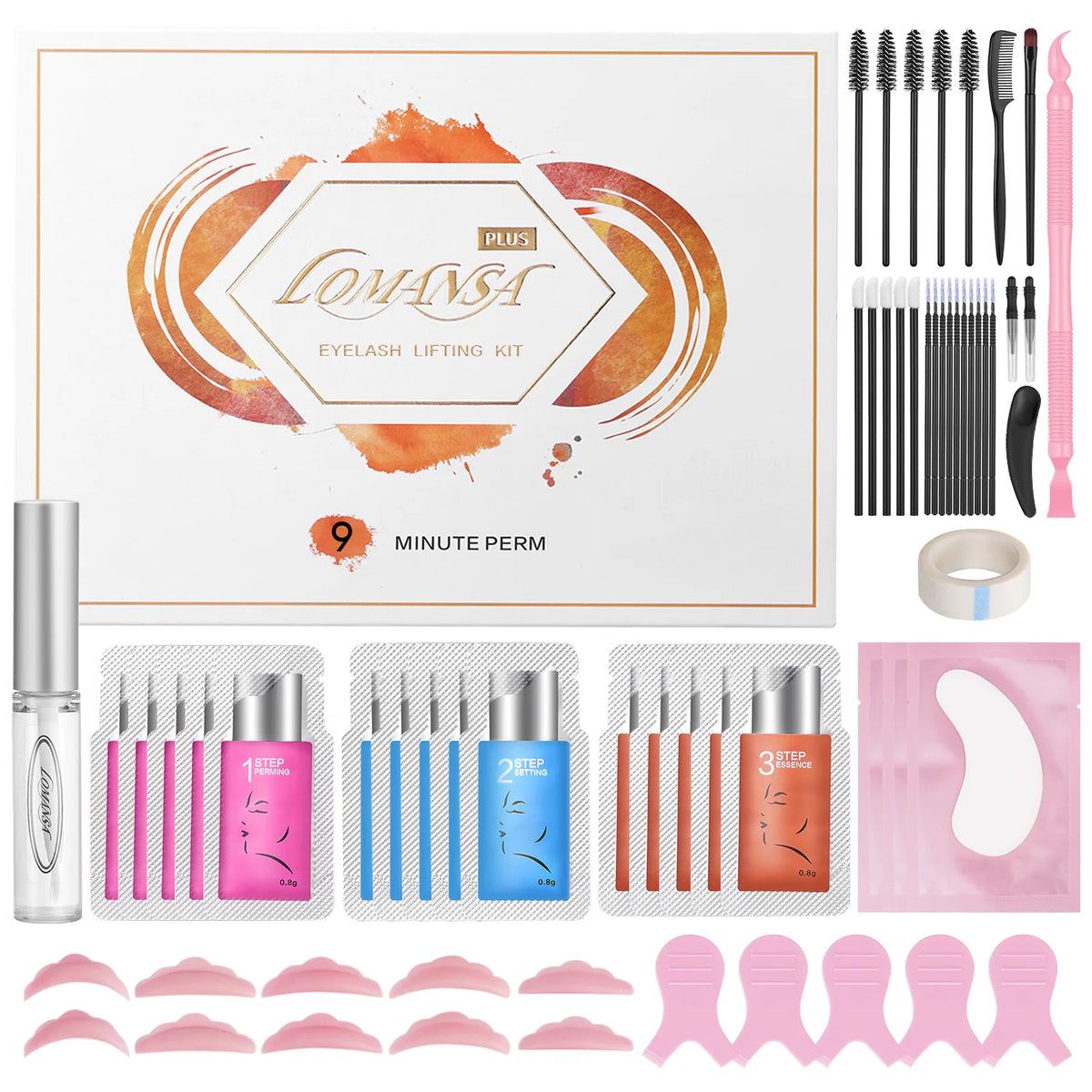 LOMANSA lash lift kit with perming sachets, liquid glue, silicone pads, brushes and application tools.
