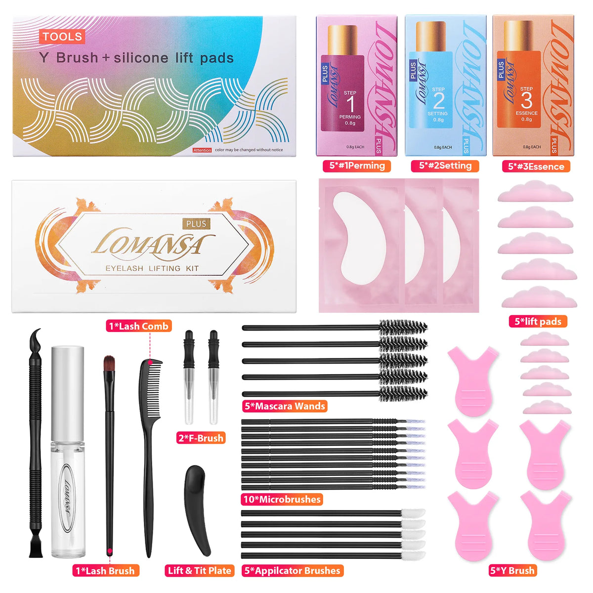 LOMANSA lash lift kit contents with three treatment sachets, liquid glue, silicone pads, brushes and tools.