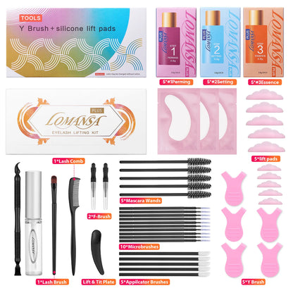 LOMANSA lash lift kit contents with three treatment sachets, liquid glue, silicone pads, brushes and tools.