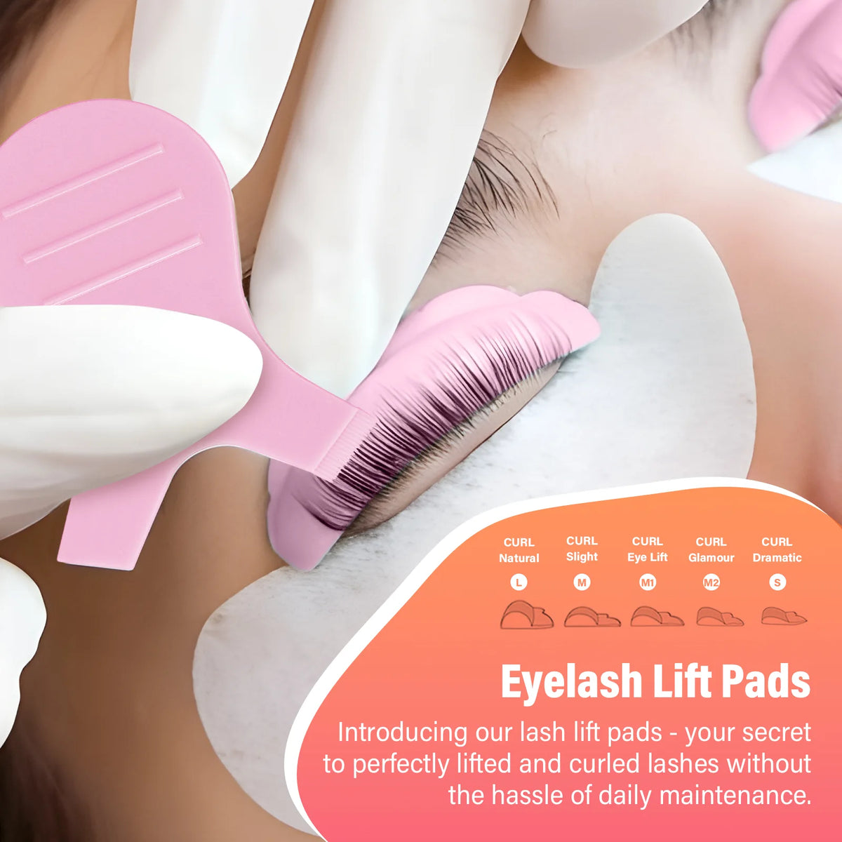 LOMANSA silicone lash lift pads shown with multiple curl shapes and sizes for different lifting results.