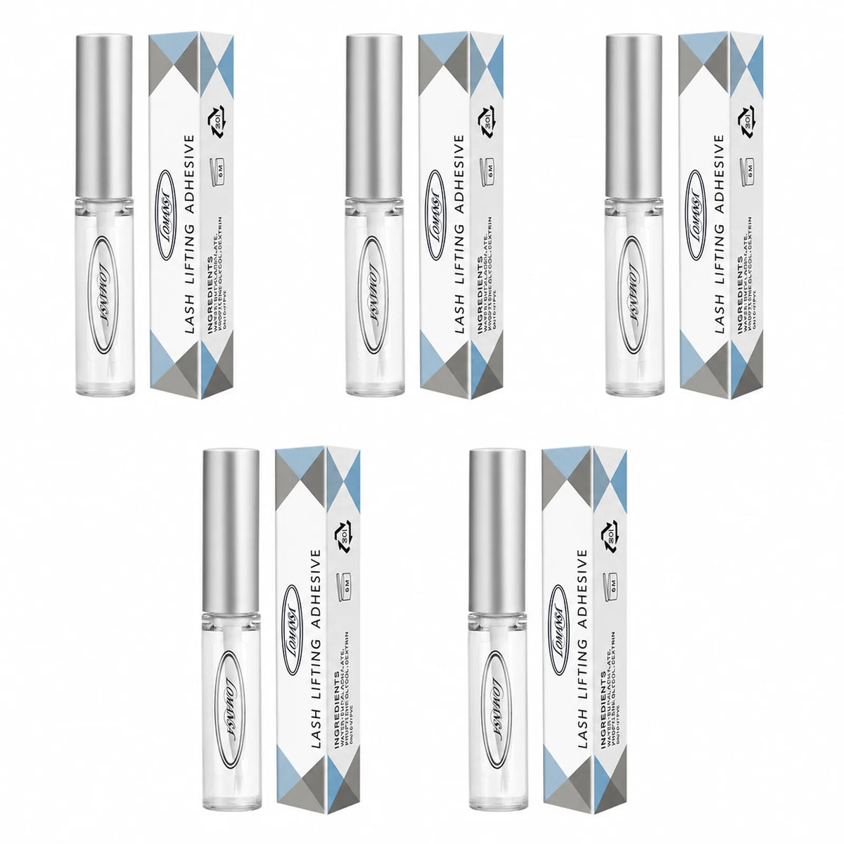 Five sets of Lomansa lash lifting adhesive tubes and product boxes arranged on a white background.