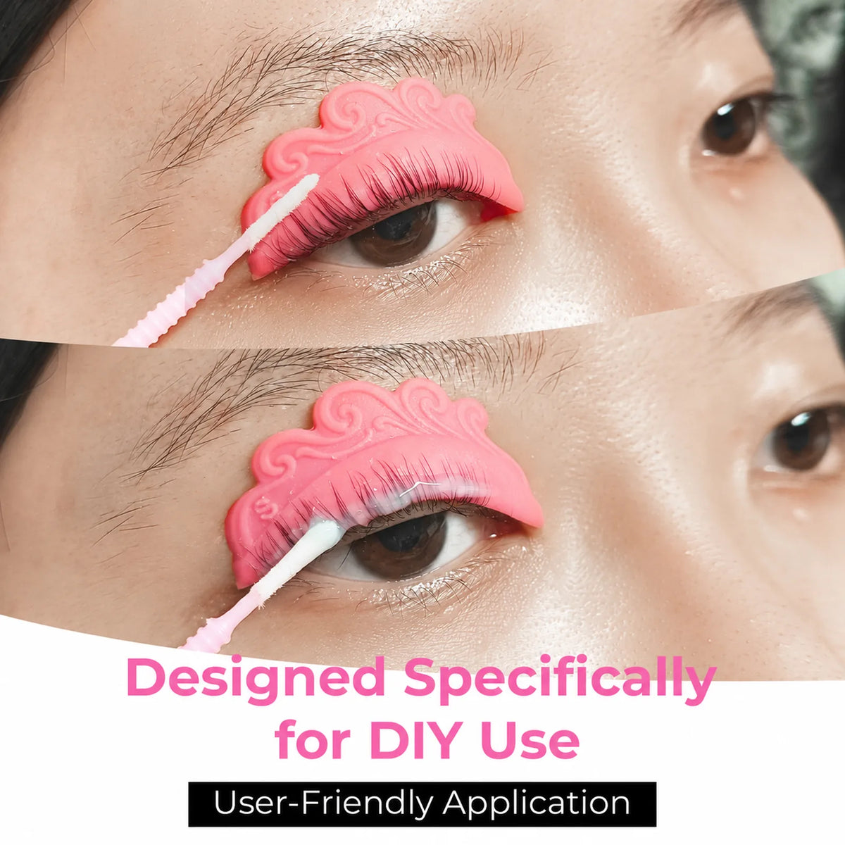 Close-up application of LOMANSA self-lifting shields and lash products during an open-eye lash lift treatment.