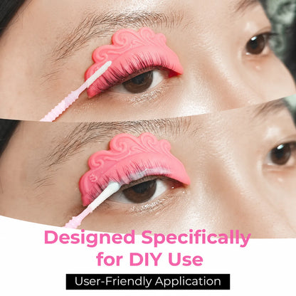 Close-up application of LOMANSA self-lifting shields and lash products during an open-eye lash lift treatment.