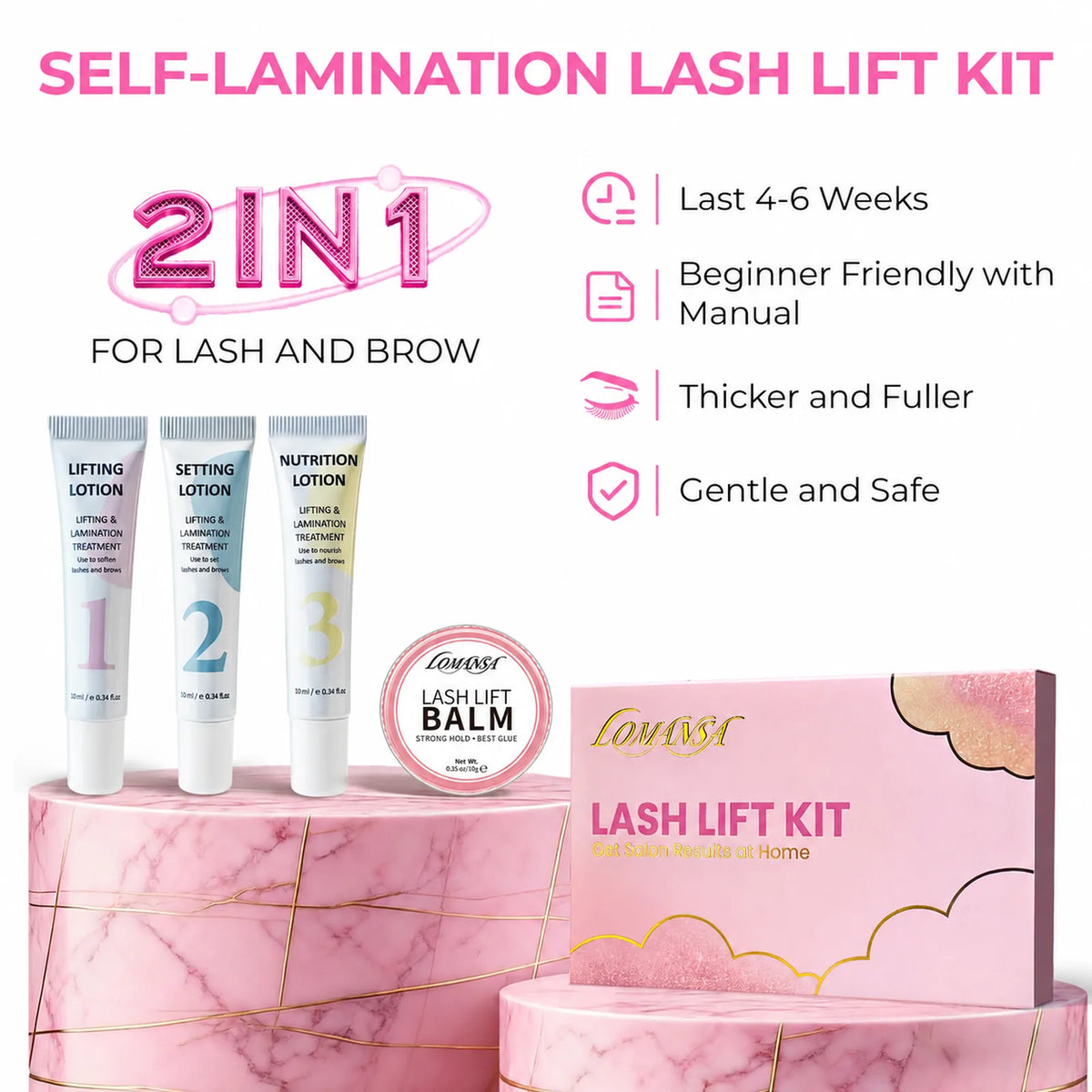 LOMANSA 2-in-1 lash lift and brow lamination kit highlighting 4–6 week results and beginner-friendly use.