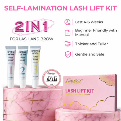 LOMANSA 2-in-1 lash lift and brow lamination kit highlighting 4–6 week results and beginner-friendly use.