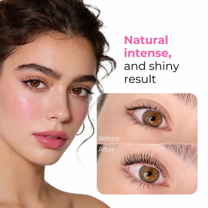 Before-and-after close-up showing natural, lifted lashes after using the LOMANSA open-eye lash lift kit.