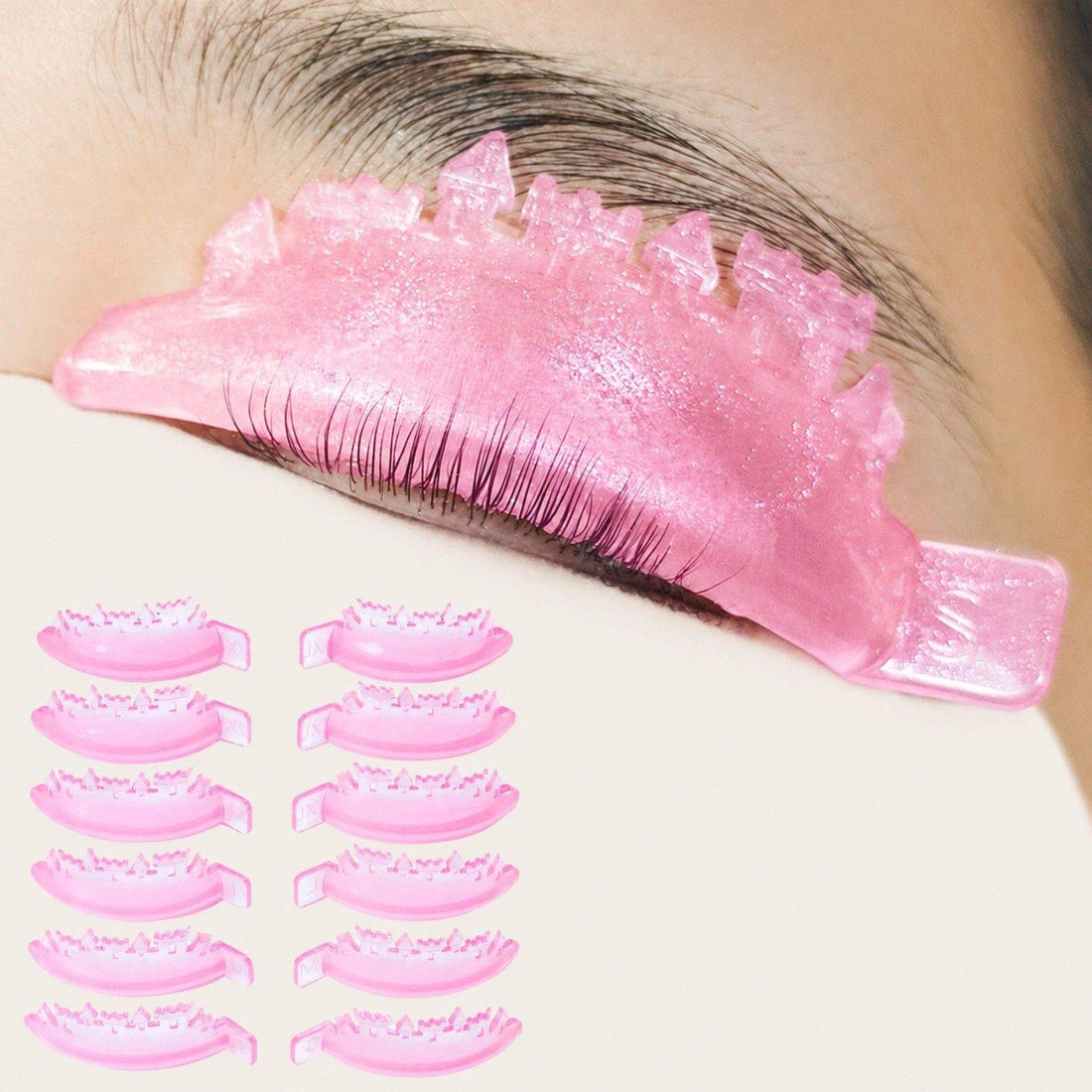 Illustrated steps for positioning lash lift shields on eyelids