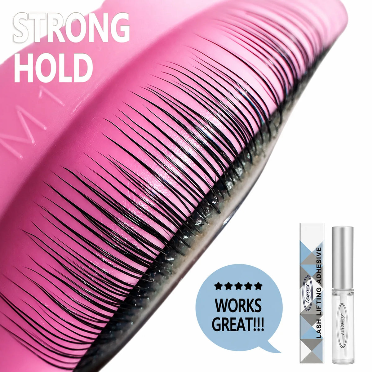 Close-up of lifted lashes on a pink shield showing the strong hold of Lomansa lash lift glue.