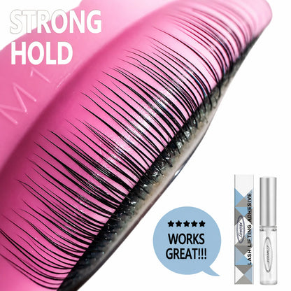 Close-up of lifted lashes on a pink shield showing the strong hold of Lomansa lash lift glue.